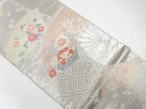 扇に牡丹・菊・古典柄模様織り出し袋帯